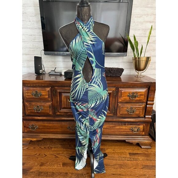 SHEIN SXY Tropical Print Cut-out Drawstring Knot Bodycon Dress Womens Size L - Picture 3 of 7